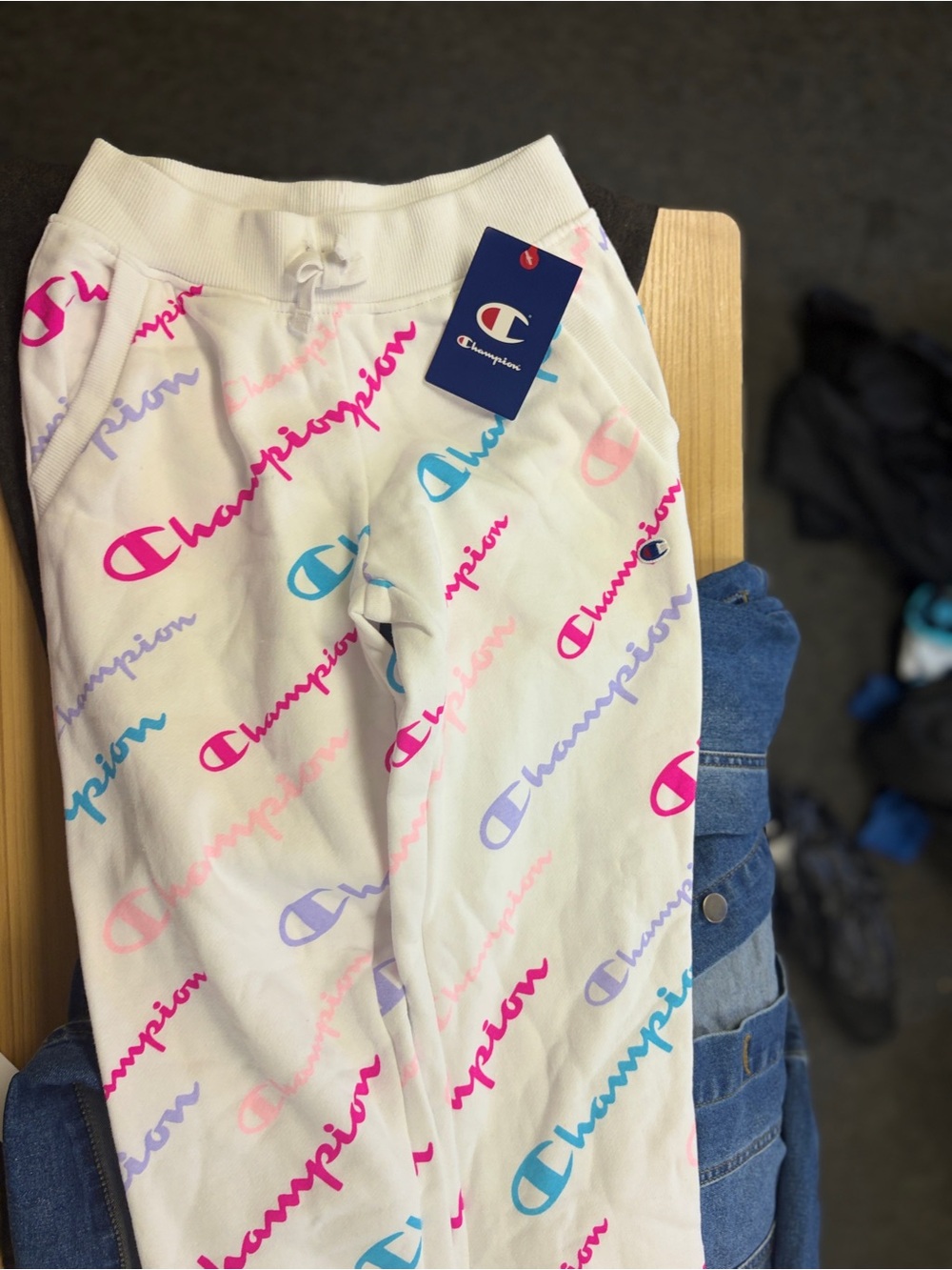 Champion White Joggers with Pink, Purple & Blue Logo Print